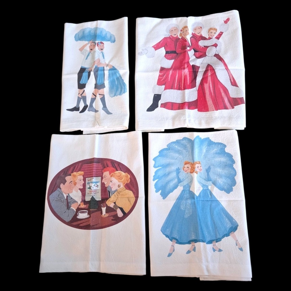 White Christmas Movie Scenes Kitchen Tea Towels Set of 4 100% Cotton White 23x15